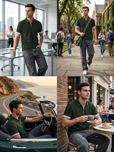 Image of Leriya Fashion T Shirt for Men | Polo T-Shirt for Man | Men's Half Zip Polo | Lightweight Breathable Summer Wear | Textured Knit Casual Stylish Tee | Short Sleeve Smart Casual Top for Man