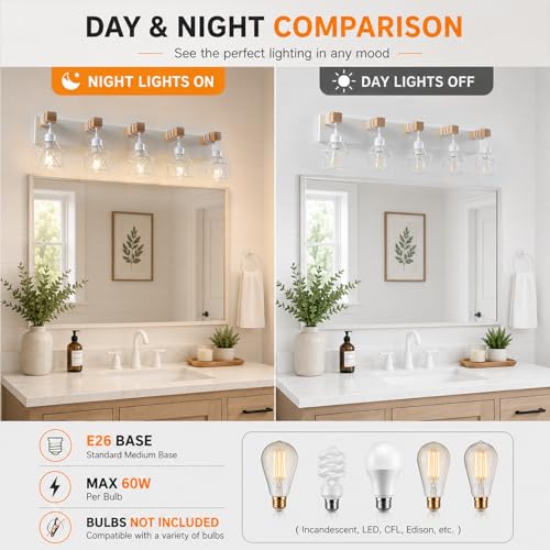 Image of Farmhouse Vanity Light Fixture,5-Light Bathroom Lighting,White Modern Wood Wall Light Over Mirror with Metal Shade,LED Bulbs Not Included