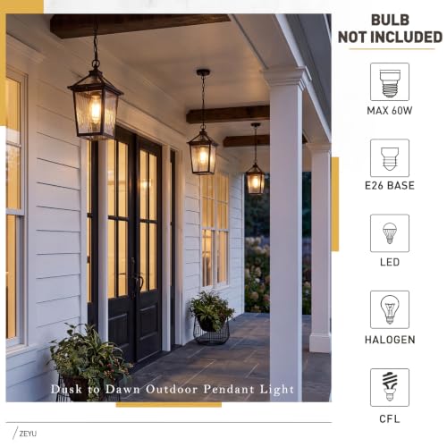 Image of zeyu 12 Inch Dusk to Dawn Outdoor Hanging Light, Outside Hanging Light for Patio, Die-Cast Aluminum with Water Ripple Glass, Oil Rubbed Bronze Finish, ZX58H-PC ORB-SW
