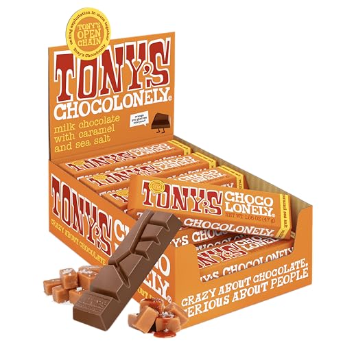 Tony’s Chocolonely Belgian Milk Chocolate Candy Bar With Caramel & Sea Salt, Chocolate Bars for Snacks, Party Favors, or Gifts, 32% Cacao, Made From Quality Fairtrade Cocoa, 20 Bars, 1.66 Oz Each