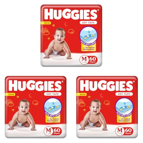Image of Huggies Complete Comfort Dry Tape Medium (M) Size Baby Tape Diapers, 60 count, with 5 in 1 Comfort (Pack of 3)