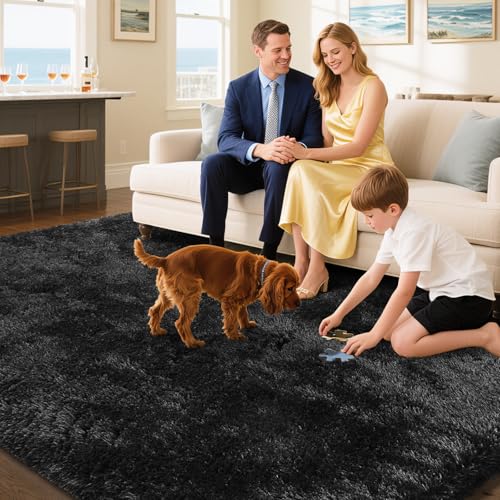 Fluffy Rug Shaggy Area Rug, Black 5x8 Area Rugs for Bedroom, Small Bedside Rug, Soft Fluffy Shaggy Entryway Throw Rugs for Living Room Bedroom Kids Room Home Decor