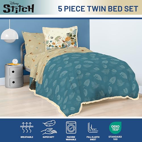 Image of Disney Lilo and Stitch Twin Comforter Set 5 Piece Floral Bedding, Multi | Bed in a Bag, Comforter Sheets Sham Pillowcase, Official Product, Soft Microfiber, Machine Washable, Easy Care, Girls Gift