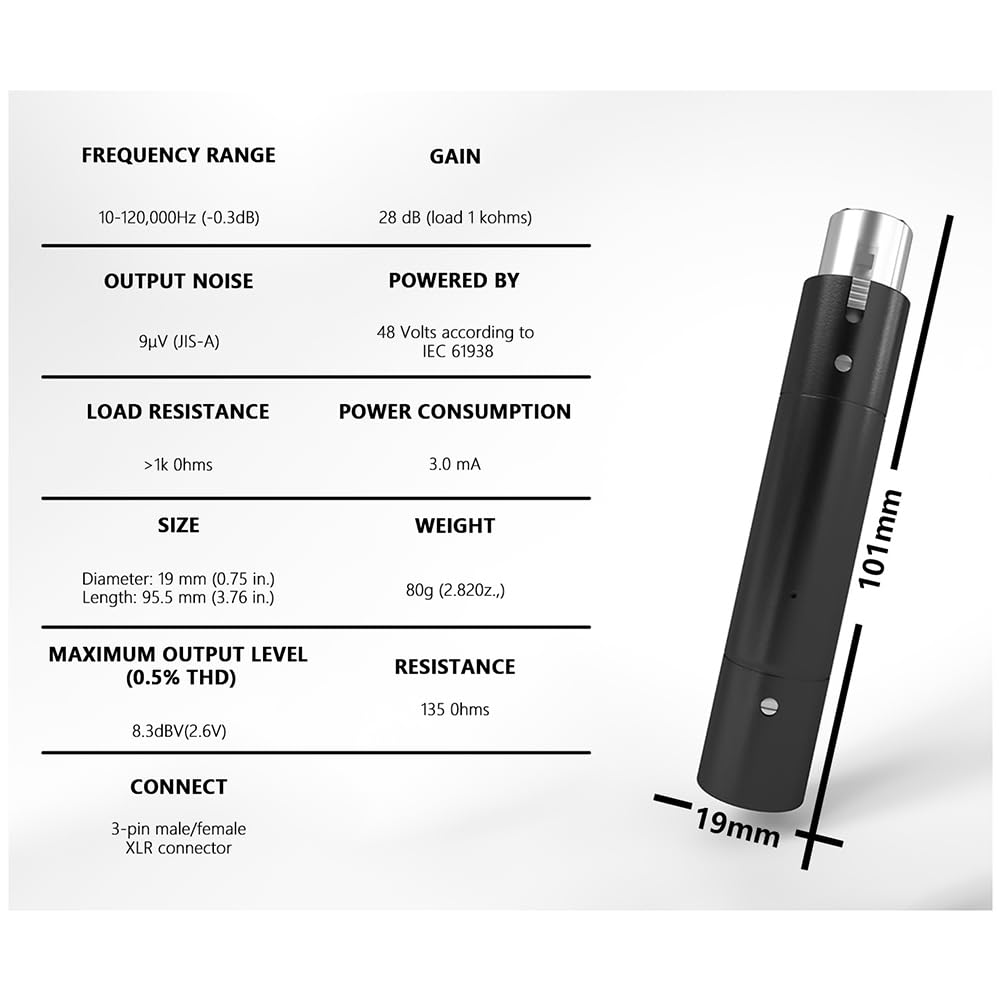 Professioneller Phantomspeiseadapter XLR 3-polig 48 V für dynamisches Mikrofon, Vorverstärker-Adapter auf Verstärkung 28 dB