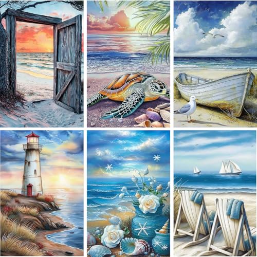DOZEEZOP 6 Pack 5D Diamond Painting Kits for Adults, Diamond Art Kits for Adults Beginners of All Ages, Round Full Drill Arts and Crafts Gems Home Wall Decor 12x16 Inches Beach Landscapes