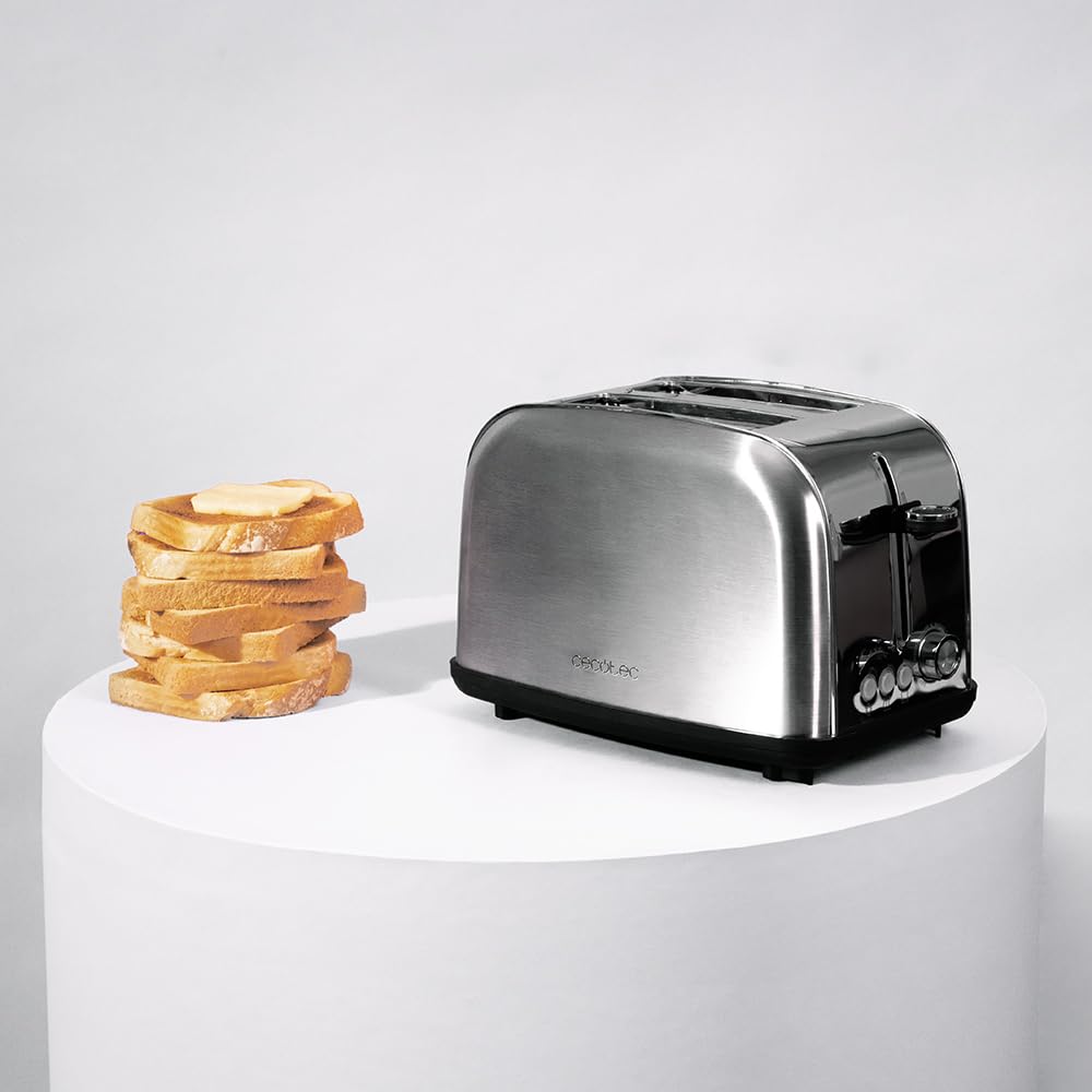 Cecotec Tostapane Verticale 2 Slot Brevi Toastin' time 850 Inox Lite. 850 W, 2 fette di pane, fessura larga 3,8 cm, supporto per panini e vassoio raccogli briciole, acciaio inossidabile