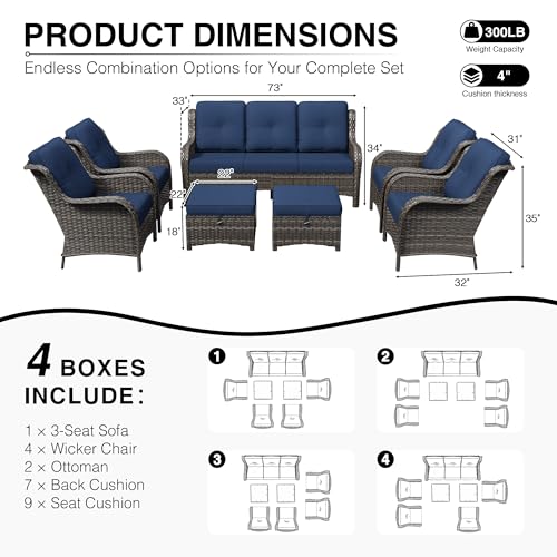 Image of Joyside 7 Piece Wicker Patio Furniture Set, Rattan Patio Chairs with High Back, Deep Seating, Wide Armrest, Thickened Cushions, Outdoor Furniture for Deck, Porch Use