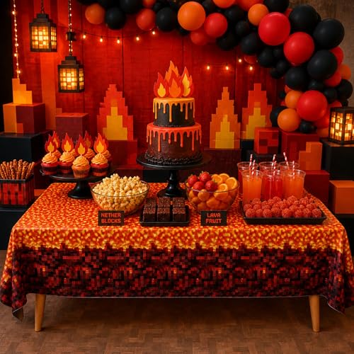 Image of Blue Orchards Pixel Lava Tablecover (Pack of 3) 108 inch x 54 inch - Immersive Lava Themed Gaming Tablecloth, Accent and Backdrop, Gift Wrap, Lava Block Style Party Table Cover, Lava Rock Inspired