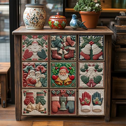 Stick on Tiles Beige Green Christmas Tile Stickers for Kitchen Bathroom Cupboard Decoration PVC Waterproof Oil Proof Peel and Stick Self Adhesive Wall Tiles 24 Pcs /10x10cm