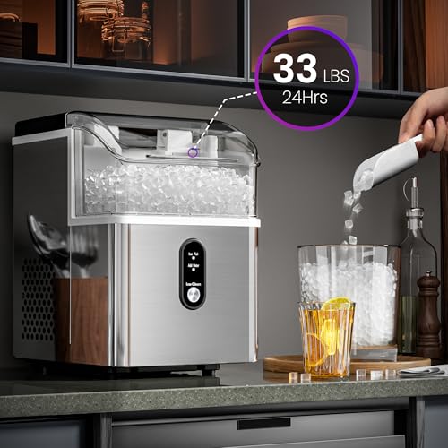 Image of Kismile Nugget Ice Makers Countertop,33Lbs /24H,Portable Countertop Machine with Chewable Ice,Self-Cleaning,One-Click Operation for Home /Office(Steel)