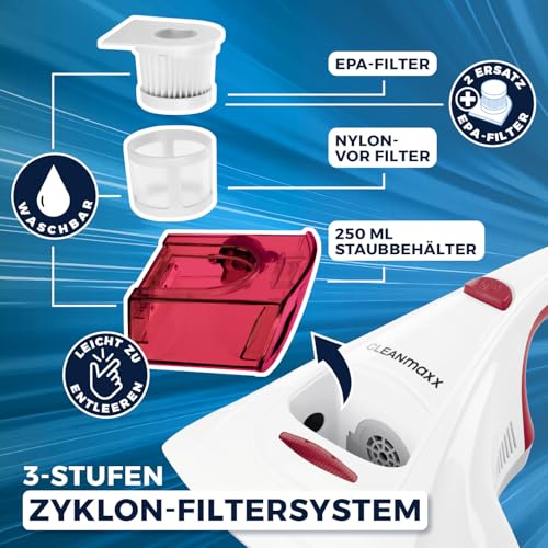 CLEANmaxx Milbensauger | Effektive Allergenbekämpfung und Sterilisation in einem durch UV-C-Licht und Feinstaubfilter | Chemiefrei und sicher für Bett, Matratze etc. | Waschbarer Feinstaubfilter