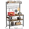 Bakers Rack with Power Outlet, 4-Tier Microwave Oven Stand, Coffee Bar Station with 10 Hooks, Large Kitchen Storage Shelf with Hutch, Rustic Brown