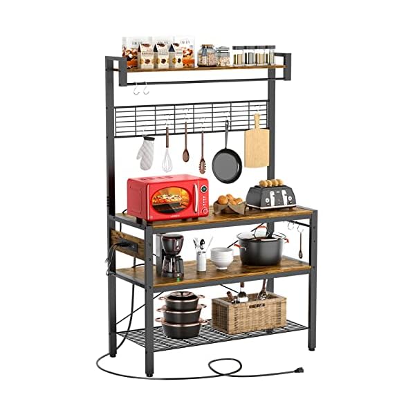Bakers Rack with Power Outlet, 4-Tier Microwave Oven Stand, Coffee Bar Station with 10 Hooks, Large Kitchen Storage Shelf with Hutch, Rustic Brown