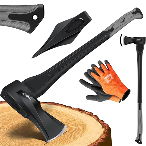 MASKO® Spaltaxt Spaltbeil Axt Beil Spalthammer Spaltkeil FIBERGLAS-Stiel + Handschuhe Die Perfekten Werkzeuge für Garten und Wald Universal | Robust | Langlebig | Rostfrei | Holzbeil 2000g