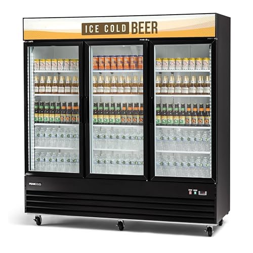 PEAKCOLD 3-Door Display Refrigerator - 57.5 Cubic Ft, Energy Efficient, Black Merchandiser Refrigerator With Glass Doors, White Interior & LED Lighting - Commercial Display Cooler