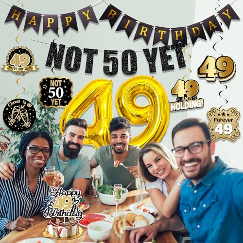 49ers Birthday Party Decorations Men - 11 Pcs Black Gold Happy Bday Not 50 Yet Glitter Letters Banner Number Foil Balloons Hanging Swirls Cake Topper Party Supplies for Women Cheers 49 Years Old Decor by OUMINGLI - Used condition - Image 5