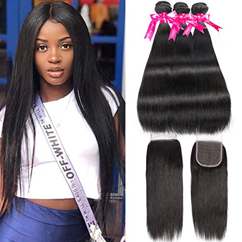 Wingirl Brazilian Straight Hair 3 Bundles with Closure Double Weft Remy Human Hair Bundles with Closure 8A Soft Brazilian Hair Bundles with Lace Closure(18 20 22+16)
