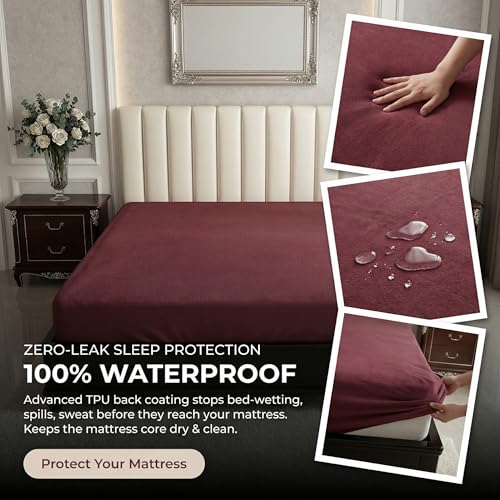 Image of 100% Waterproof Premium Cotton Feel Mattress Protector King Size 78x72 Inches | Breathable and Hypoallergenic Ultra Soft Fitted Bed Protector Cover (Maroon)