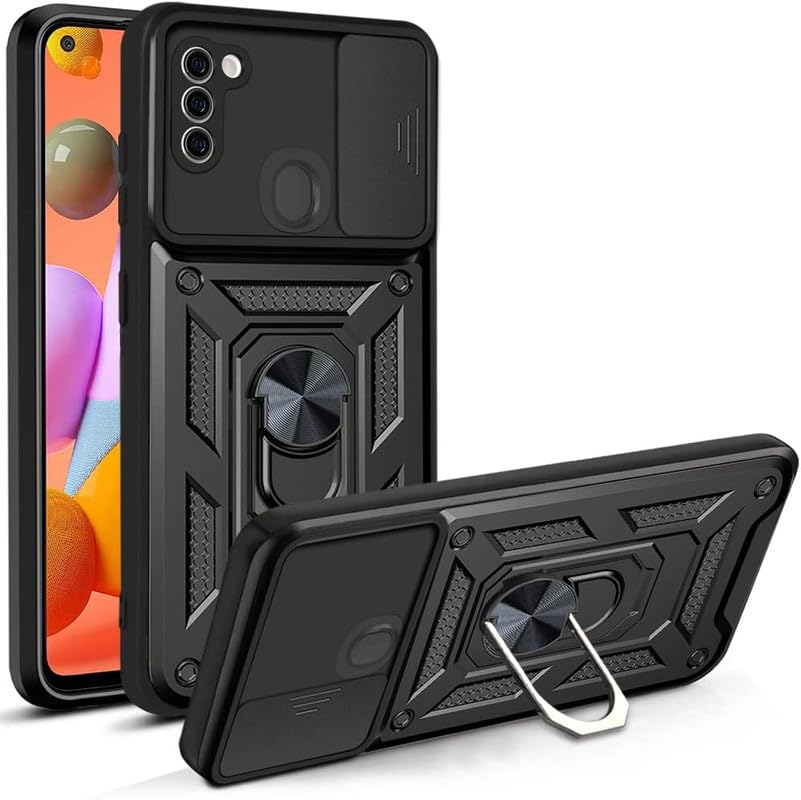 Image of Case for Samsung Galaxy M11, Shutter Heavy Duty Hard Tough Silicone TPU Dual Layer Hybrid Shockproof Cover,Ring Kickstand for Samsung Galaxy M11 - Black