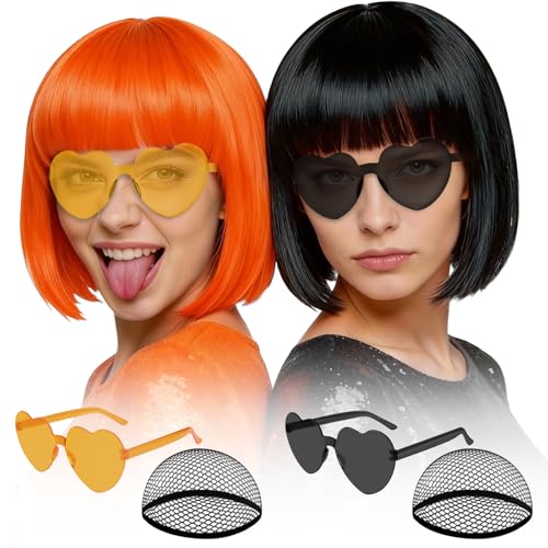 Image of MEEZY 2 Pcs Colored Bob Wigs with Bangs Black Orange for Women, Colorful Neon Fun Short Bob Wig with Heart Sunglasses Hair Cap for Halloween Costume Cosplay Photography Birthday Bachelorette Party