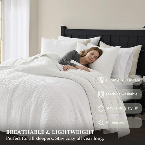 Image of palassio White 100% Cotton Quilt Queen Size Bedding Sets with 2 Pillow Shams, Textured Lightweight Soft Bedspread Shabby Chic Coverlet, Quilted Comforter Bed Cover for All Season, 3 Pieces