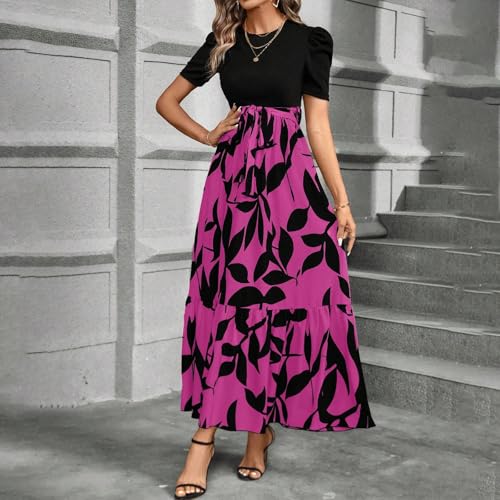 Robe longue imprimé abstrait col rond et manches bouffantes
