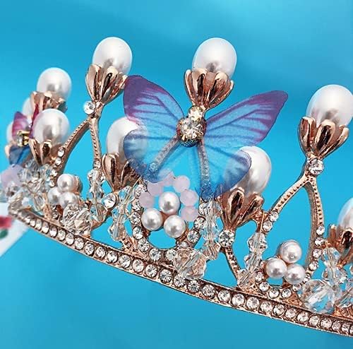 Miniatura 9 de Tiara para niñas, corona de princesa de mariposa, diadema de perlas doradas, postizo de diamantes de imitación para niñas, tiaras decorativas de