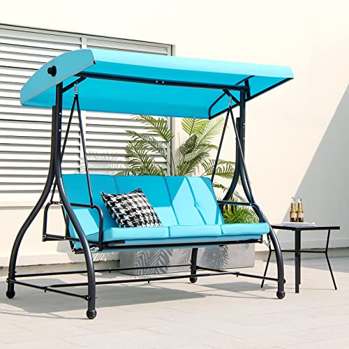 Tangkula 3 Person Porch Swing, 2-in-1 Convertible Patio Bed with Removable Cushions, Solid Steel Structure, Outdoor Swing with Adjustable Canopy for Backyard, Balcony, Poolside (Turquoise)