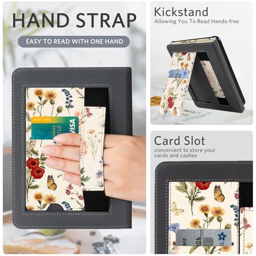 Image of CoBak Case with Stand for Kindle Paperwhite 12th Gen 2024 Released (7 inch) & Kindle Colorsoft Signature Edition - Durable PU Leather Cover with Auto Sleep Wake, Card Slot, Hand Strap Feature, Floralia