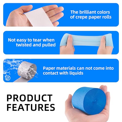 Image of Blue Silver White Crepe Paper Streamers, 6 Rolls, 738 Ft