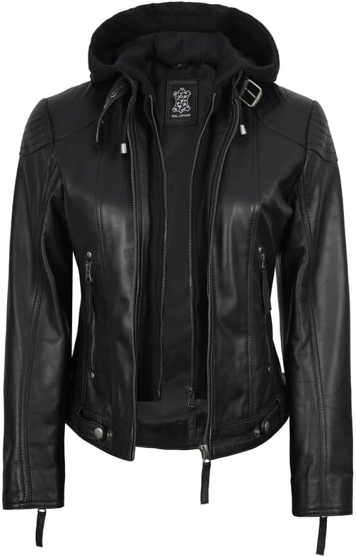 Blingsoul Leather Jacket Women - Real Lambskin Womens Leather Jackets with Detachable Hood - Image 3