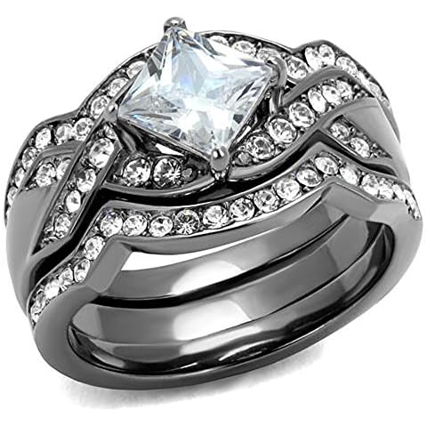 Marimor Jewelry 2.2 Carat Princess Cut Cubic Zirconia Light Black Stainless Steel Women's Wedding Ring Set Size 7 Cover