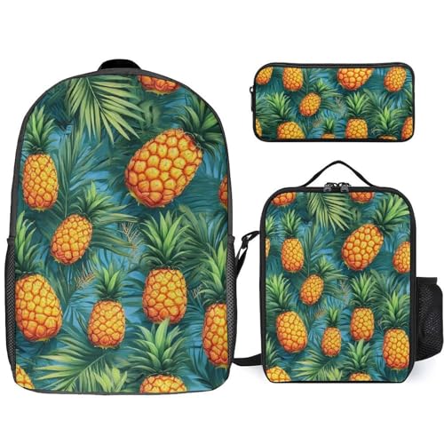 3 Pieces Backpack with Lunchbox Meal Bag Pencil Pouch Tropical Palm Leaves Pineapples 17 Inch Travel Daypack Insulated Lunch Bag Pen Holder Case