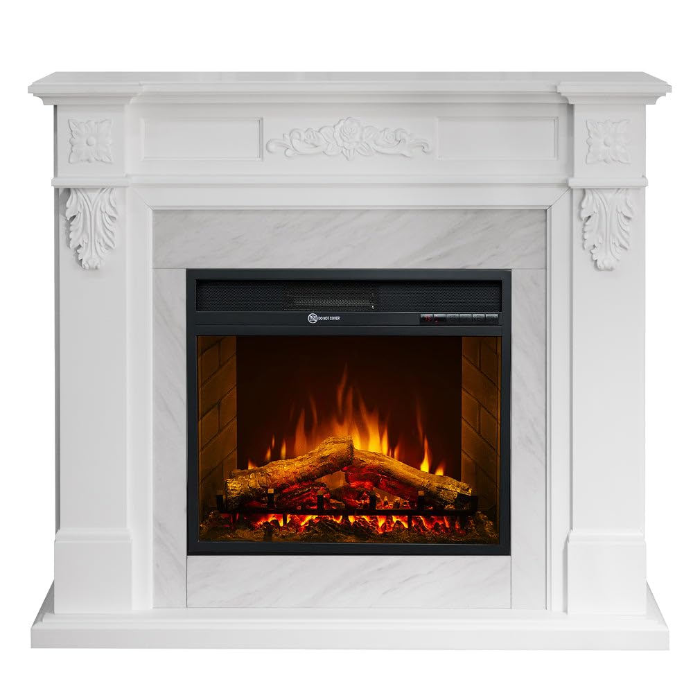 Chimenea eléctrica Truman, chimenea sobre pie, efecto mármol blanco, 121 x 38 x 108 cm