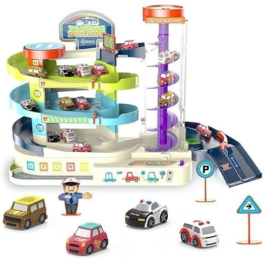 Junona Car Track Set 3 Level Race Track, Kids Car Toy Garage Playset, Electric Parking Lot Toy for Toddler with Background Sound & Light for Automatic & Manual for Over 3 Years Kid