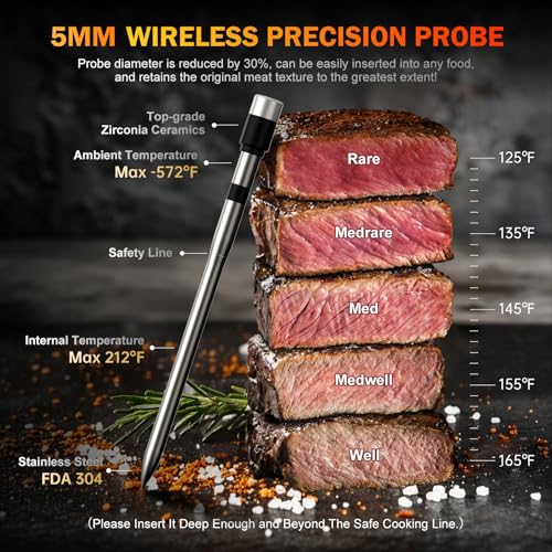 Meat Thermometer Wireless, 800FT Bluetooth Digital Thermometer with Smart APP, Temp Precise Improved by 100%, Instant Read Food Thermometer with Alerts for Oven Smoker BBQ Grill