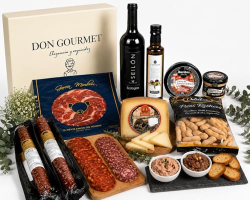 DON GOURMET, Cesto Gourmet para presente, personalizável, queijo curado, presunto ibérico, chouriço ibérico, lote enchidos ibéricos, azeite, pacote ibérico, presente dia da mãe. (Cesto 1)