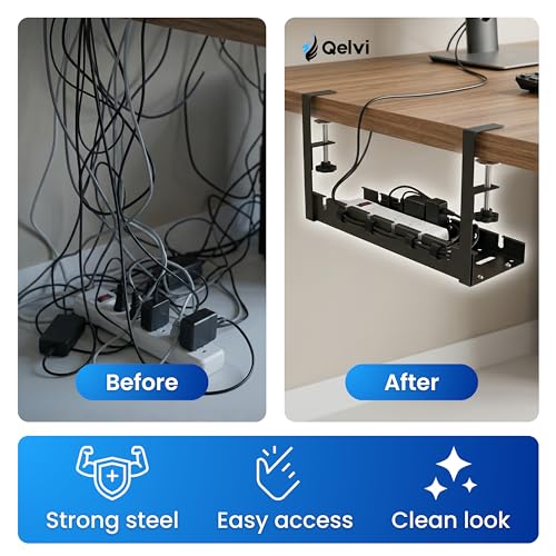 Image of Qelvi Premium Heavy Duty Cable Management Tray (30-55 cm) | Adjustable Desk Cable Organizer for Wire Management, Extension Board & Router | Carbon Steel | Matte Black | 1 Year Warranty