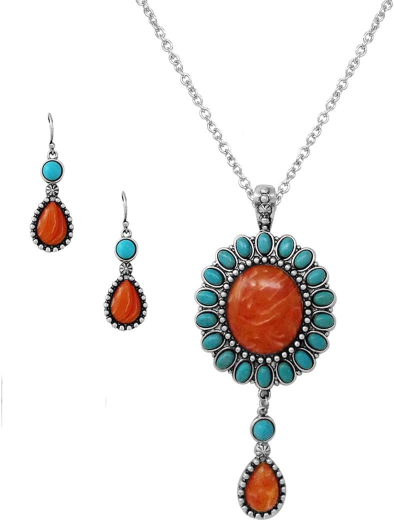 Rosemarie & Jubalee Women’s Cowgirl Chic Western Style Statement Simulated Banded Carnelian Turquoise Howlite Stone Concho Pendant Necklace Earrings Set, 18"+3" Extender
