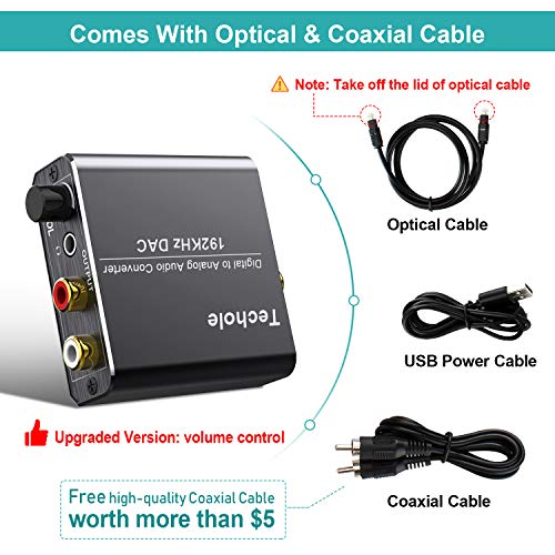Digital to Analog Audio Converter-Upgrade Volume Adjustable Techole Aluminum Optical to RCA with Optical &Coaxial Cable. Digital SPDIF TOSLINK to Stereo L/R &3.5mm Jack DAC Converter for PS4 Xbox DVD
