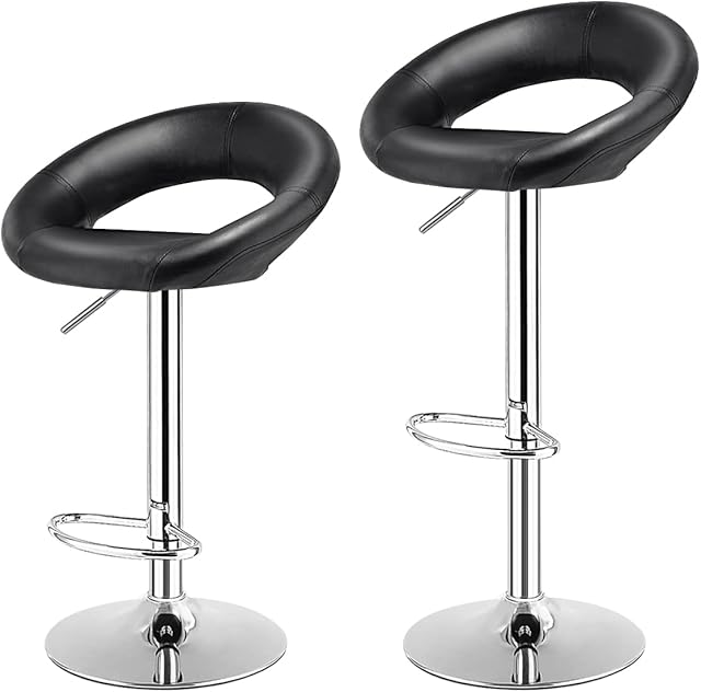 TANGZON Bar Stools Set of 2, Height Adjustable Swivel Gas Lift Counter Chairs with Footrest, Modern Crescent Shaped PU Leather Bar Seats for Breakfast, Kitchen and Home (Black)