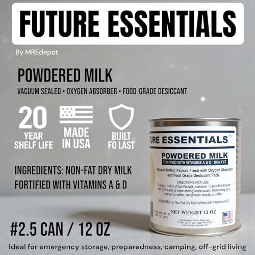 Future Essentials Canned Instant Nonfat Dry Milk Powder – 20-Year Shelf Life Non Fat Dry Powdered Milk with Vitamins A & D – Ideal for Emergency & Long-Term Storage, 12oz, #2.5 Can (Pack of 6)
