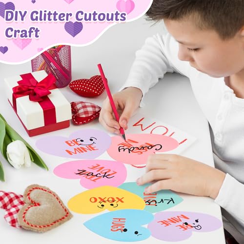 Image of Valentine's Day Conversation Heart Glitter Cutouts - 100Pcs Valentine Candy Color Paper Accent Cutout Assorted Color Paper Heart Cuts for Classroom Bulletin Border Wedding Bridal Shower Party Decors