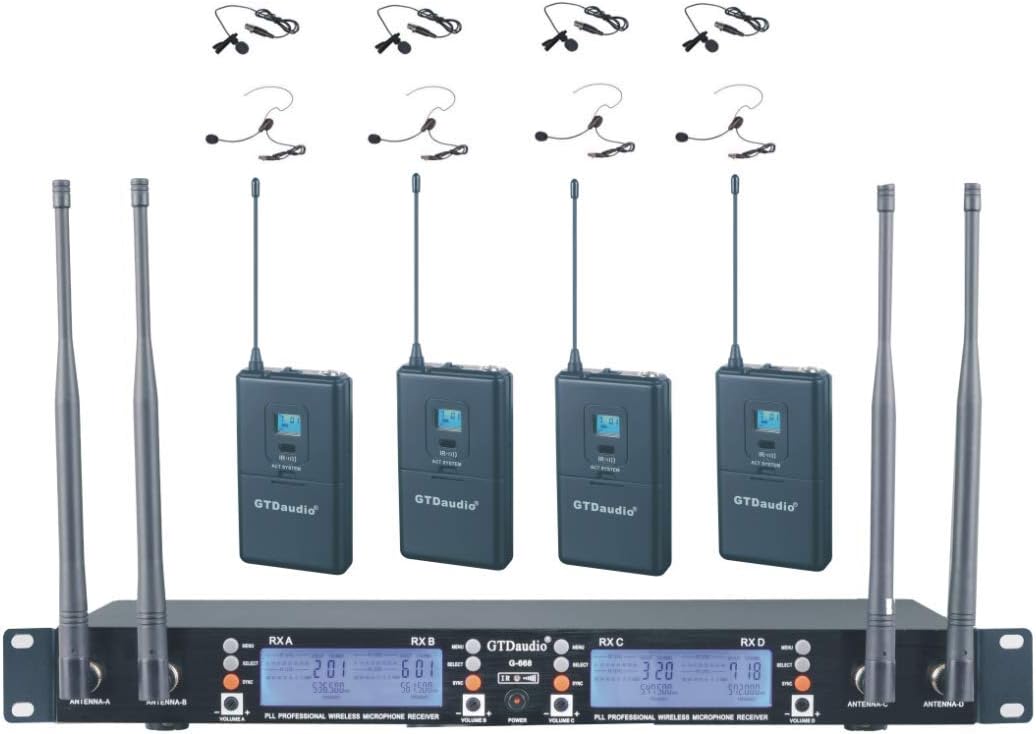 GTDaudio 4x100 Changeable Frequency Channels UHF Wireless Lav Lapel & Headset Microphone DJ Karaoke Mic System Range 400 ft (4 Lapel mics) 668L