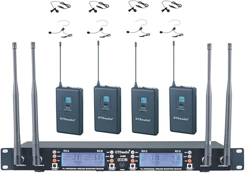 GTD Audio 4x100 Canales de frecuencia intercambiables UHF Lav Inalámbrico Lav Solapa & Auriculares Micrófono DJ Karaoke Mic Rango 400 pies (4