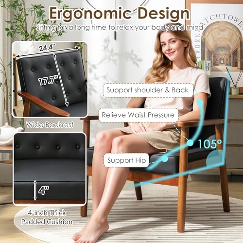 Image of Waiting Room Accent Chairs Set of 2, Black Leather ArmChairs, Office Guest | STHOUYN Mid Century Modern, Wood Arms, Office Lobby Living Room Chair