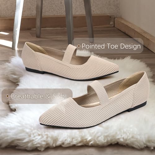 Image of TINGRISE Women's Flats Shoes Pointed Toe Knit Washable Ballet Comfortable Dressy Mary Jane Flat