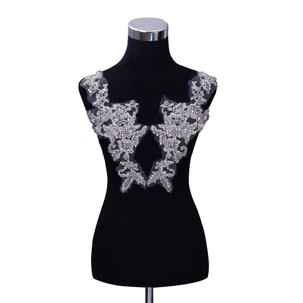 Handmade Rhinestones Lace Body Sequins Beaded Applique Mesh Beaded Crystals Trim Handsewing Patches for Wedding Bridal Dress Decorative,DIY Decorative Cloth