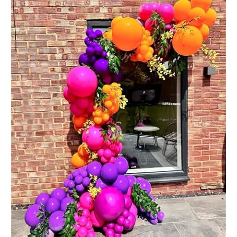 Longwu Hot Pink Orange Balloon Garland Arch Kit, 122pcs Pink and Orange Purple Tropical Balloons Arch Kit for Birthday Baby Shower Party Supplies Summer Beach Hawaiian Luau Aloha Party Decorations Cover