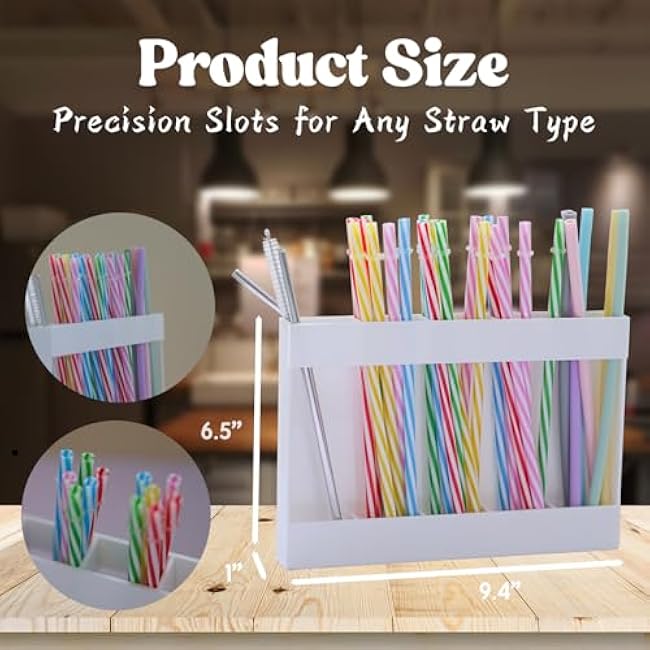Straw Organizer Holder for Cabinet Door | White Acrylic Straw Dispenser with Double-Sided Tape | Kitchen Countertop Storage for Reusable Straws, Utensils, and Accessories